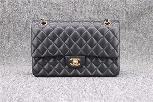 CHANEL/香奈儿 黑金小羊皮双盖CF单肩斜跨包
